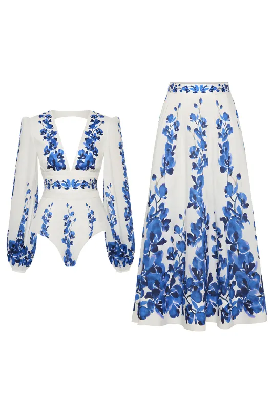 2 Piece White Blue Flower Long Sleeves Swimwear Set with Beach Dress sold by Zapaka