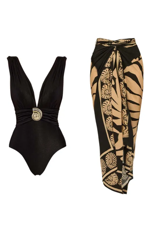 Black Deep V Neck 2 Piece Tummy Control Swimsuit with Cover Up Skirt made by Zapaka