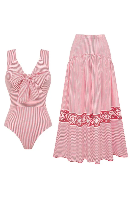 Red Striped Bowknot 2 Piece Swimwear Set with Beach Dress sold by Zapaka