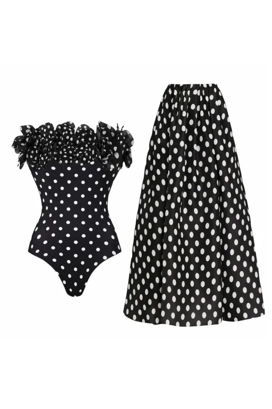 Black White Dots 2 Piece Strapless Ruffled Swimsuit with Cover Up Skirt sold by Zapaka