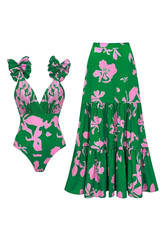 Dark Green 2 Piece Printed Floral V Neck Swimsuit with Cover Up sold by Zapaka