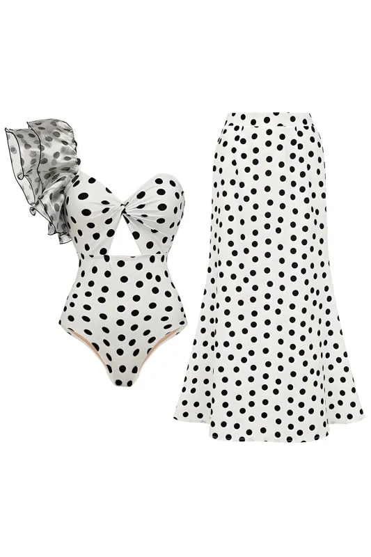 One Shoulder White Black Dot Cut Out 2 Piece Swimsuit with Cover Up sold by Zapaka