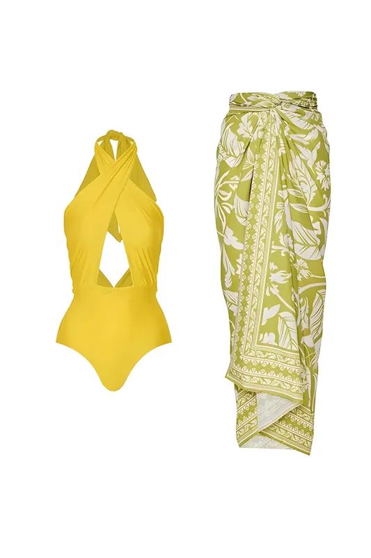 Yellow Halter Cut Out 2 Piece Swimsuit with Cover Up sold by Zapaka
