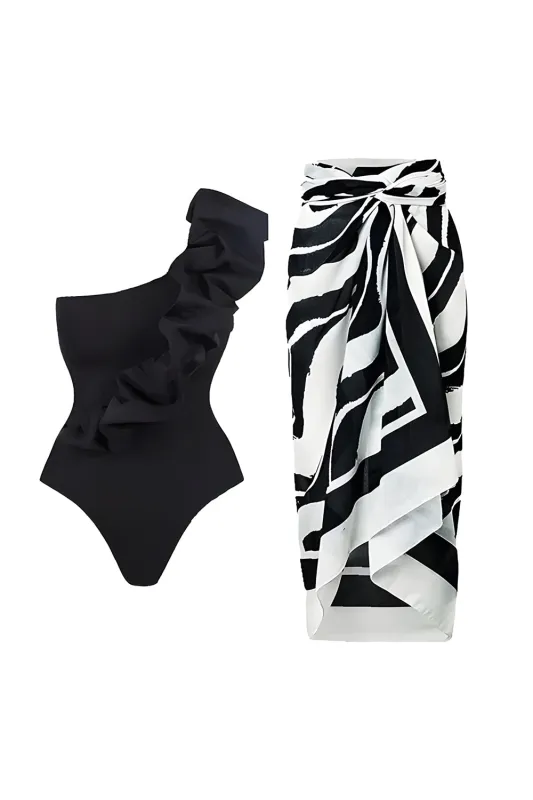 One Shoulder Black 2 Piece Ruffled Swimwear with Cover Up Dress sold by Zapaka