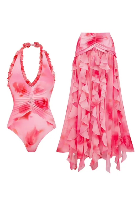 Halter Ruffled Hot Pink 2 Piece Swimsuit with Cover Up sold by Zapaka