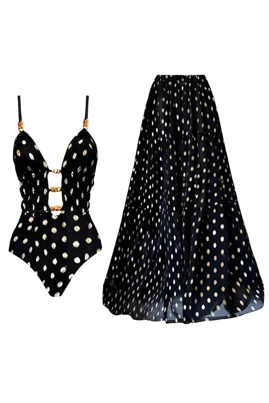 Black White Dots Spaghetti Straps 2 Piece Cut Out Swimsuit with Cover Up made by Zapaka