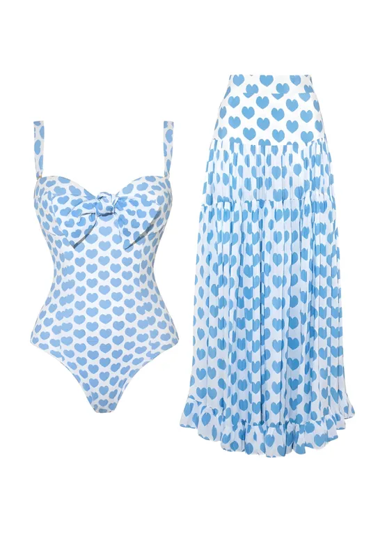 Blue Heart-Patterned 2 Piece Spaghetti Straps Swimsuit with Cover Up sold by Zapaka