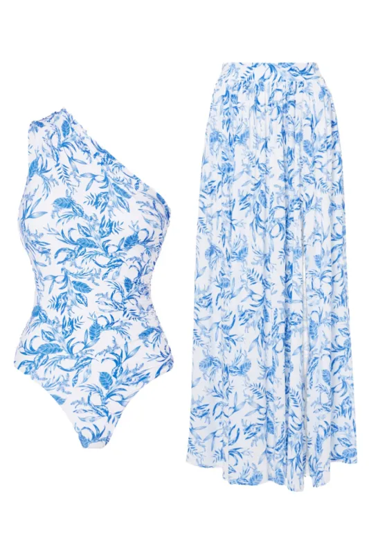 One Shoulder 2 Piece White Blue Flower Printed Swimsuit with Beach Dress sold by Zapaka