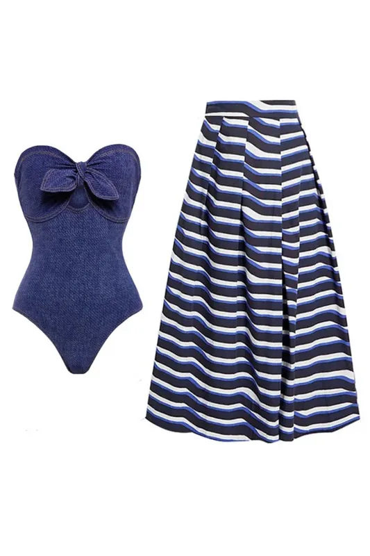 Sweetheart Navy Denim 2 Piece Swimsuit with Cover Up Skirt sold by Zapaka