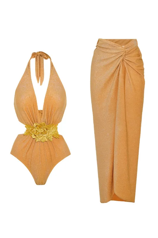 Golden 2 Piece Halter 3D Flower Swimsuit with Beach Dress sold by Zapaka
