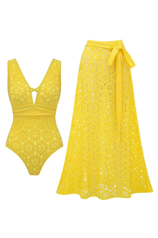 Yellow 2 Piece V-Neck Cut Out Swimsuit with Beach Dress sold by Zapaka
