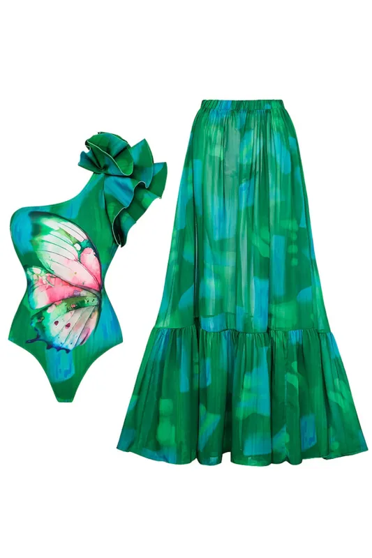Dark Green One Shoulder 2 Piece Ruffled Swimsuit with Cover Up made by Zapaka