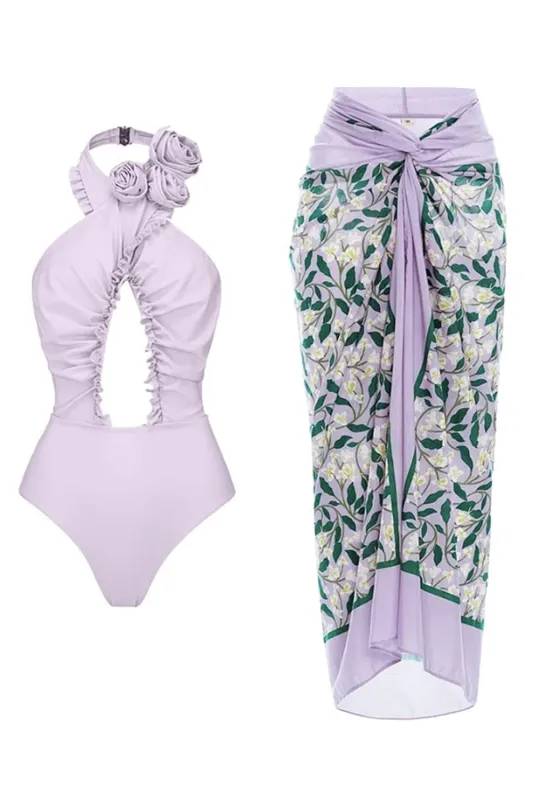 Halter 3D Flower Cut Out 2 Piece Lilac Swimsuit with Cover Up Dress sold by Zapaka