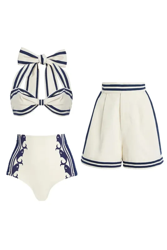 White 3 Piece Halter Bowed Swimsuit with Short Set sold by Zapaka