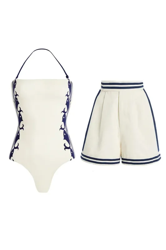 White 2 Piece Halter Swimsuit with Short Set sold by Zapaka