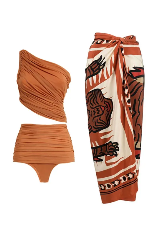 3 Piece One Shoulder Orange Ruched Swimsuit with Beach Dress sold by Zapaka