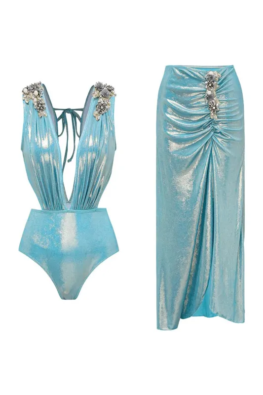 Metallic Blue V-Neck 2 Piece Beaded Swimsuit with Beach Dress sold by Zapaka