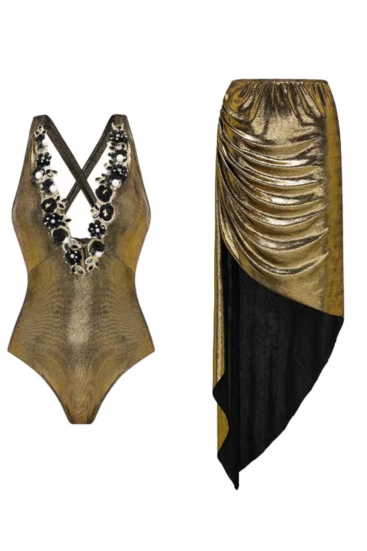 Metallic Golden 2 Piece V-Neck 3D Flowers Swimsuit with Beach Dress sold by Zapaka