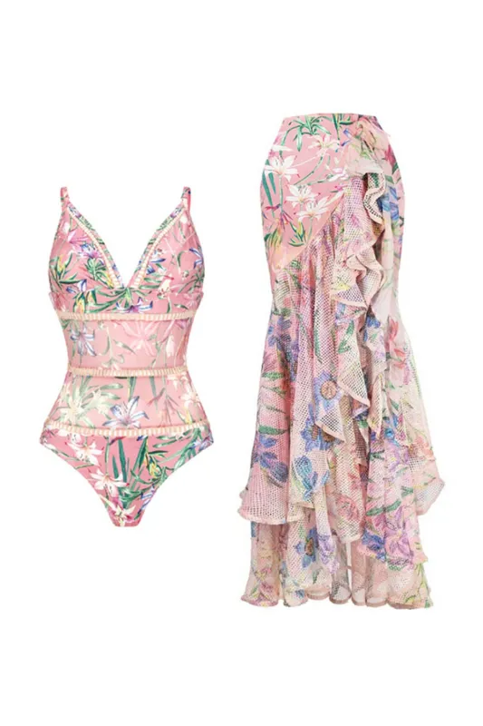 Pink Floral Ruffled Spaghetti Straps 2 Piece Swimsuit with Beach Dress sold by Zapaka