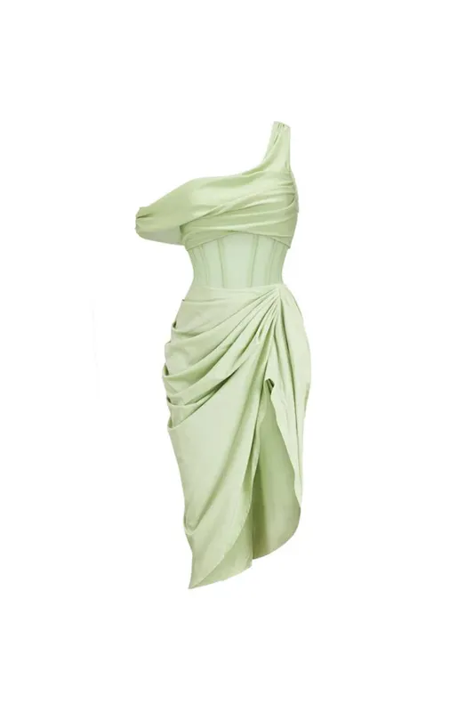 Green One Shoulder Corset Ruched Swimsuit with Cover Up sold by Zapaka