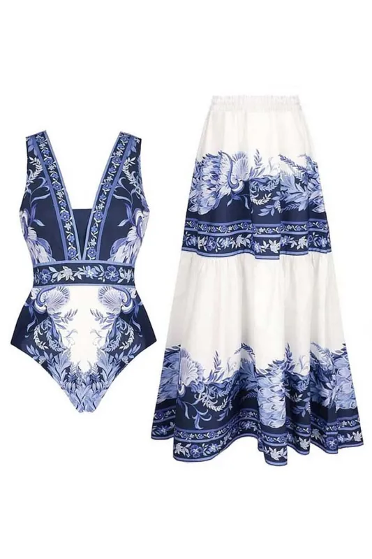 2 Piece White and Blue V-Neck Print Flower Swimsuit with Cover Up sold by Zapaka