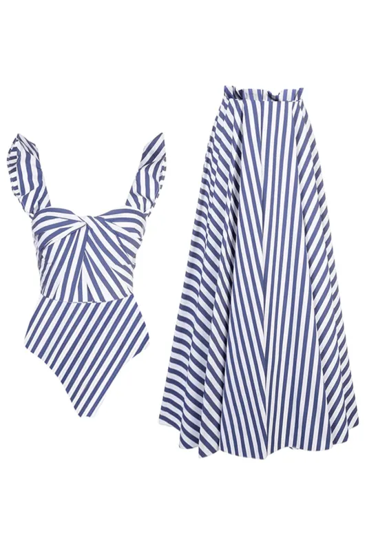 Navy Stripe 2 Piece Swimsuit with Beach Dress sold by Zapaka