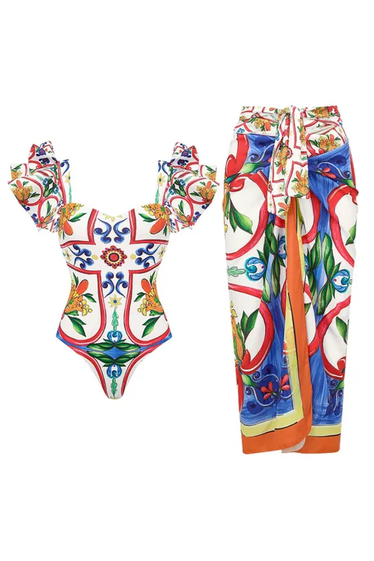 Vintage Orange Blue Print 2 Piece Swimwear with Cover Up sold by Zapaka