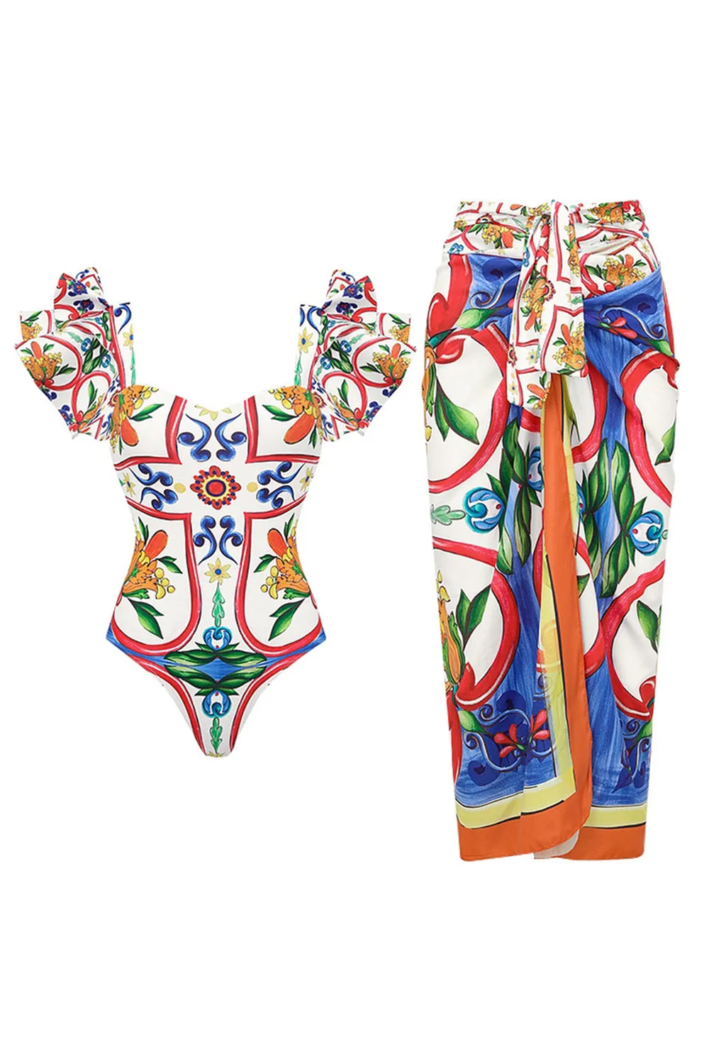 Vintage Orange Blue Print 2 Piece Swimwear with Cover Up sold by Zapaka