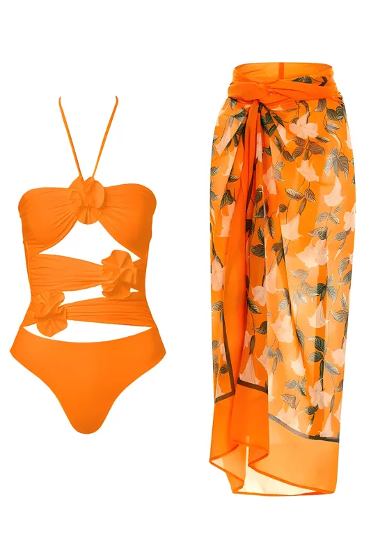 Orange 2 Piece Cut Out 3D Flowers Swimsuit with Beach Dress sold by Zapaka