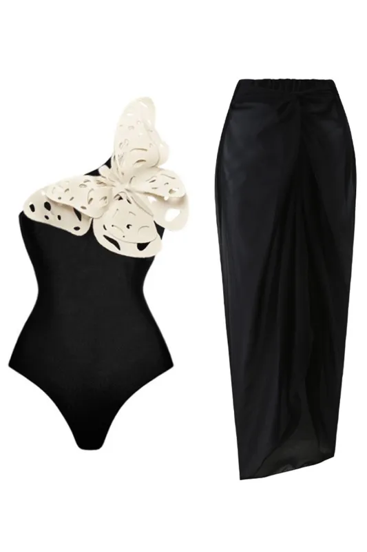 Black 2 Piece One Shoulder Appliqued Butterfly Swimsuit with Beach Dress made by Zapaka