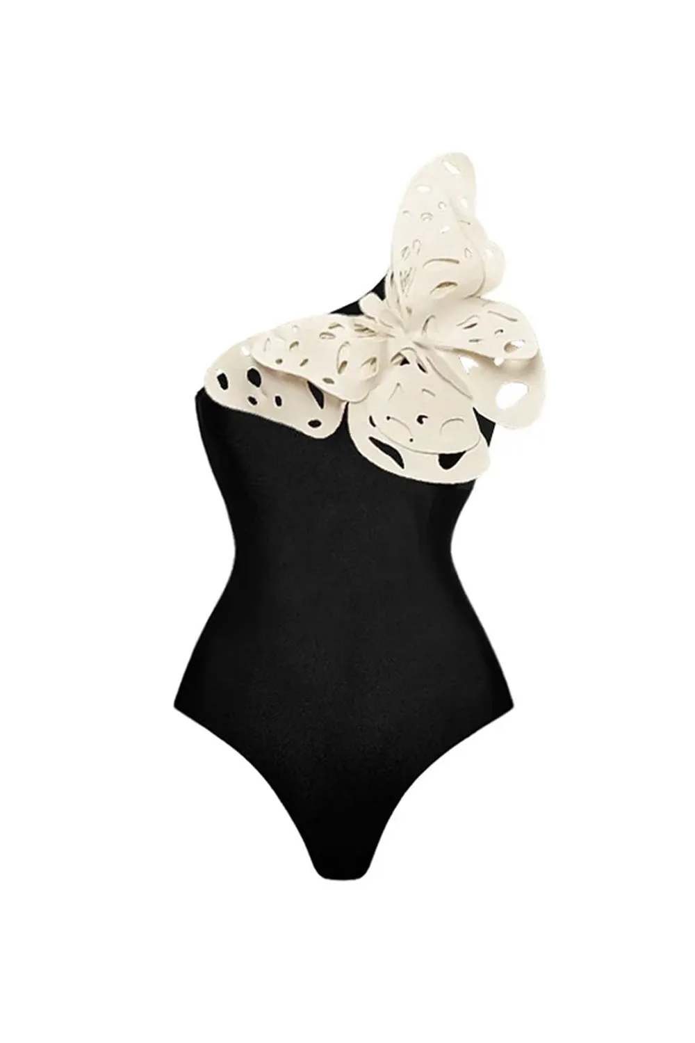 Black 2 Piece One Shoulder Appliqued Butterfly Swimsuit with Beach Dress sold by Zapaka product image thumbnail 2