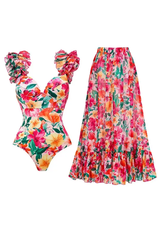 Red Flower 2 Piece Ruffled Swimsuit with Cover Up sold by Zapaka