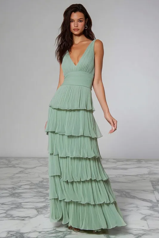 Light Green Chiffon Ruffled A Line Long Bridesmaid Dress sold by Zapaka