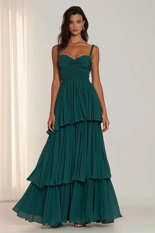 Dark Green Spaghetti Straps Ruffled A Line Long Bridesmaid Dress sold by Zapaka