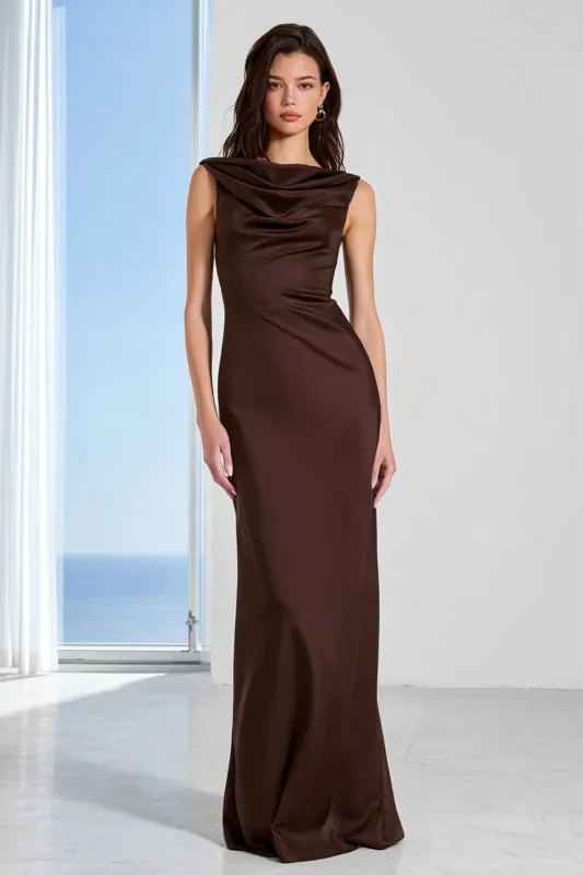 Coffee Bateau Neck Sheath Long Bridesmaid Dress sold by Zapaka