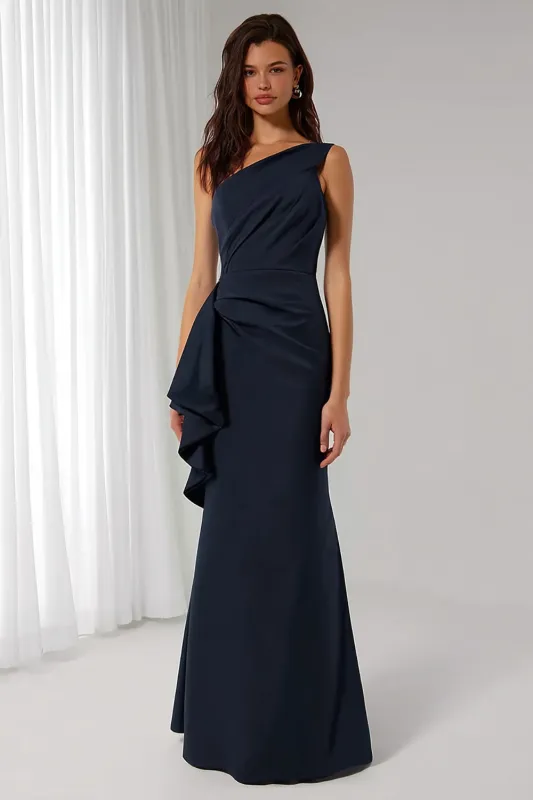 Navy One Shoulder Mermaid Long Bridesmaid Dress with Sash sold by Zapaka