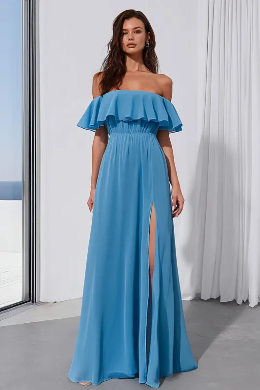 Blue Off the Shoulder Ruffled A line Long Bridesmaid Dress with Slit sold by Zapaka