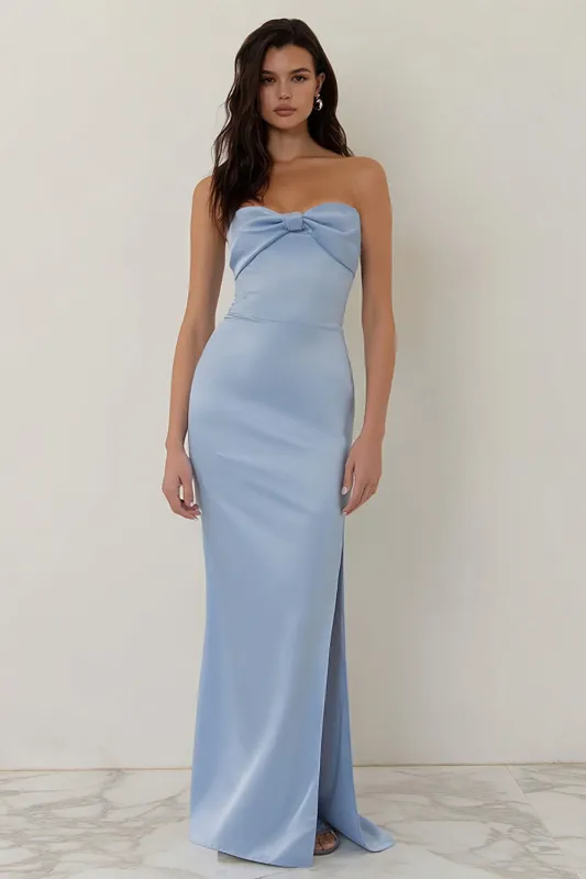 Sky Blue Strapless Sheath Long Bridesmaid Dress with Slit sold by Zapaka