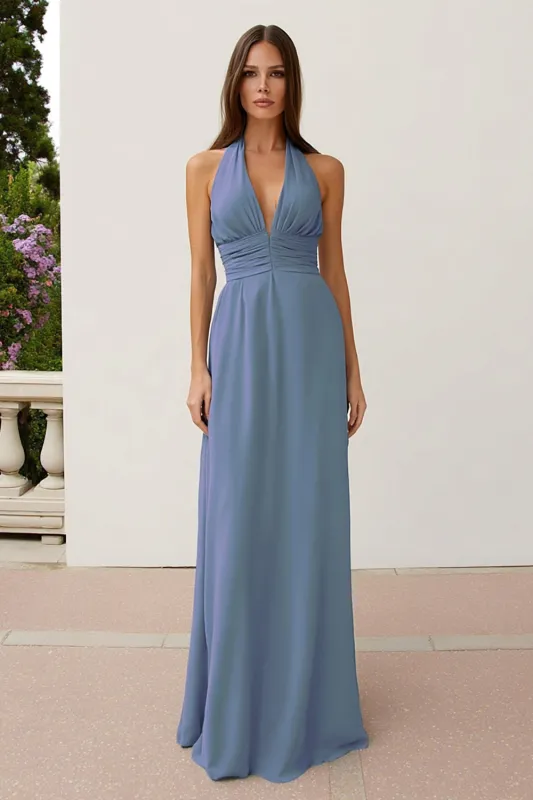 Dusty Blue Halter Neck A Line Long Bridesmaid Dress made by Zapaka