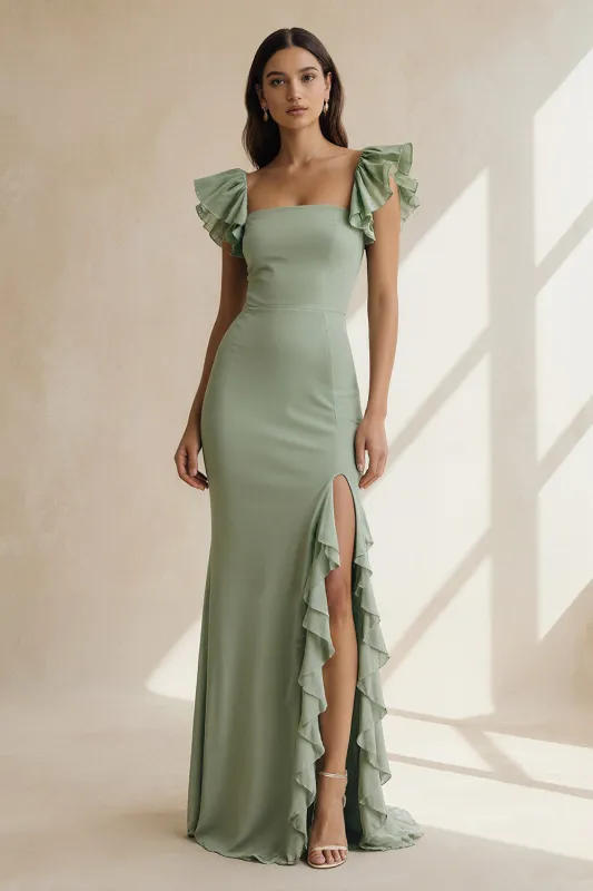 Dusty Sage Square Neck Ruffled Sheath Long Bridesmaid Dress with Slit sold by Zapaka