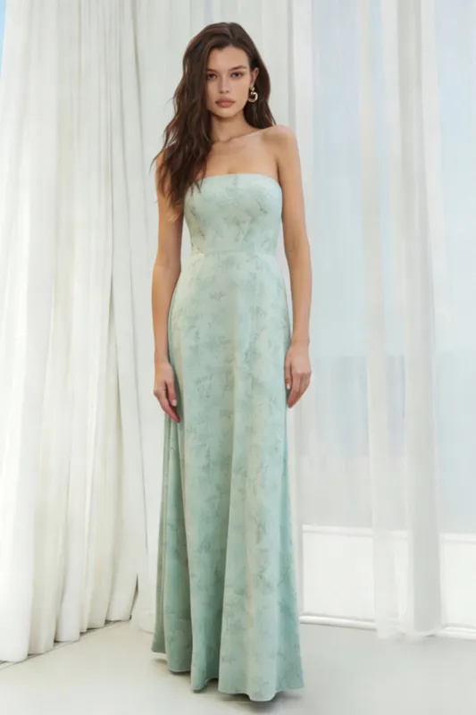 Dusty Sage Floral Strapless A Line Long Bridesmaid Dress sold by Zapaka