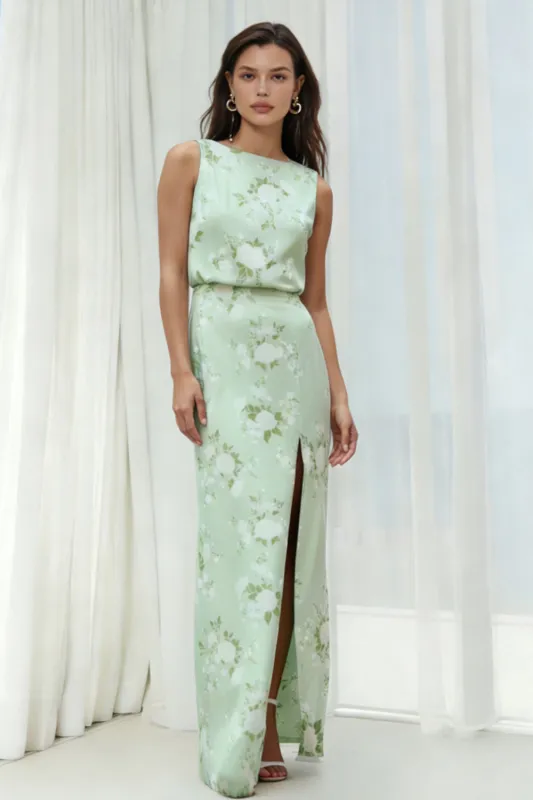 Sage Floral Bateau Neck Sheath Long Bridesmaid Dress with Slit sold by Zapaka