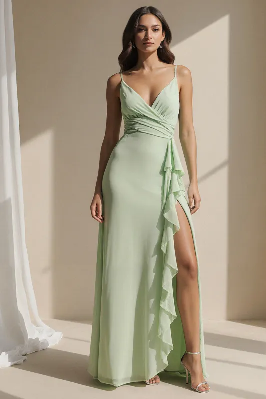 Light Green Spaghetti Straps Ruffled Sheath Long Bridesmaid Dress with Slit sold by Zapaka