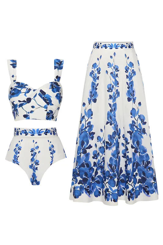 White Blue Floral 3 Piece Print Floral Swimwear Set with Beach Dress sold by Zapaka