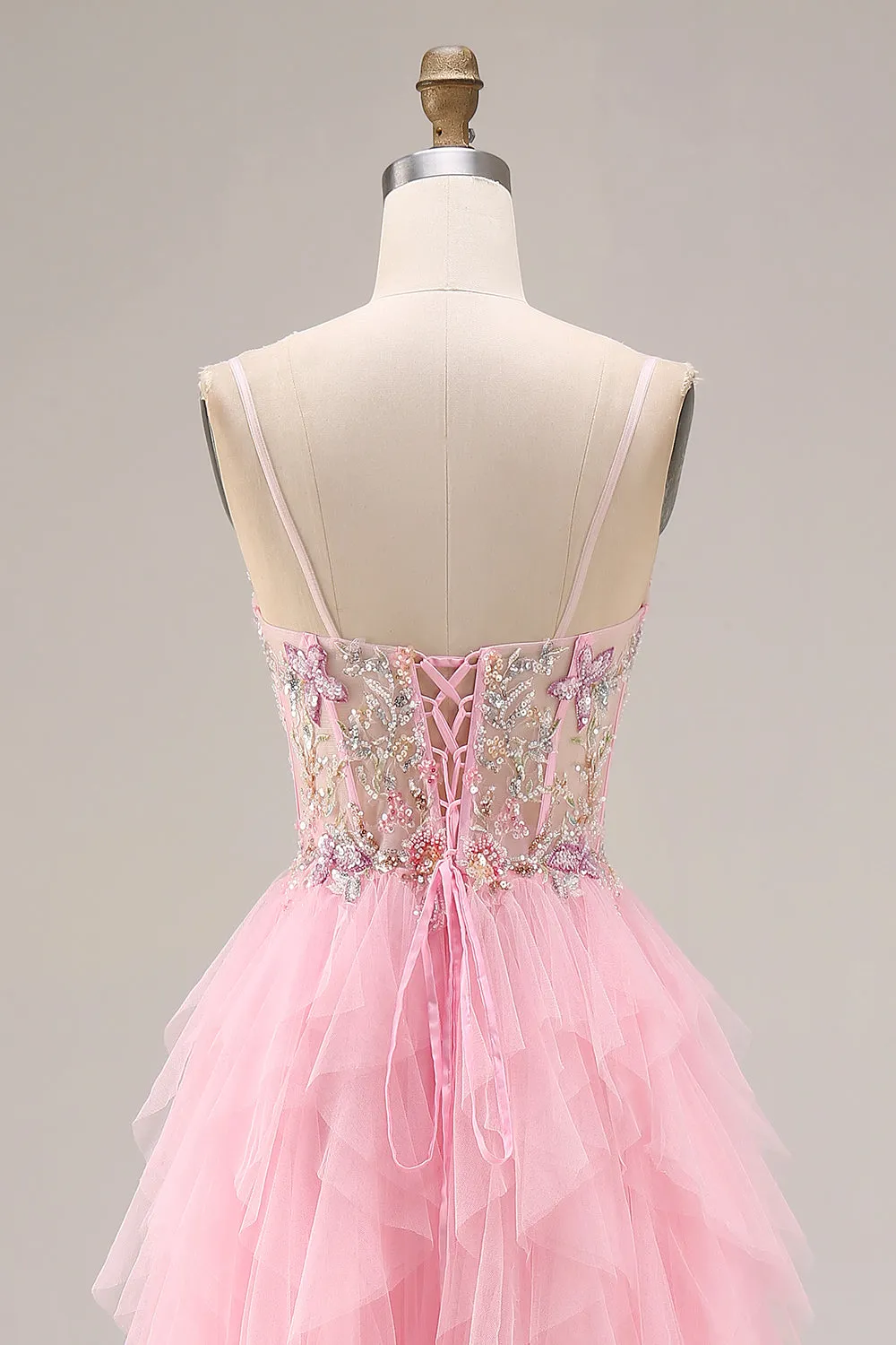 Pink A-Line Beaded Ruffled Corset Sequin Tulle Long Prom Dress with Slit sold by Zapaka product image thumbnail 5