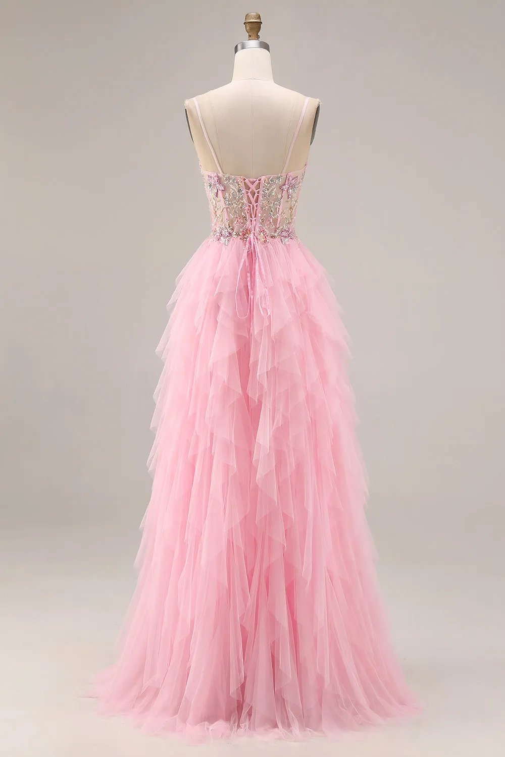 Pink A-Line Beaded Ruffled Corset Sequin Tulle Long Prom Dress with Slit sold by Zapaka product image thumbnail 2