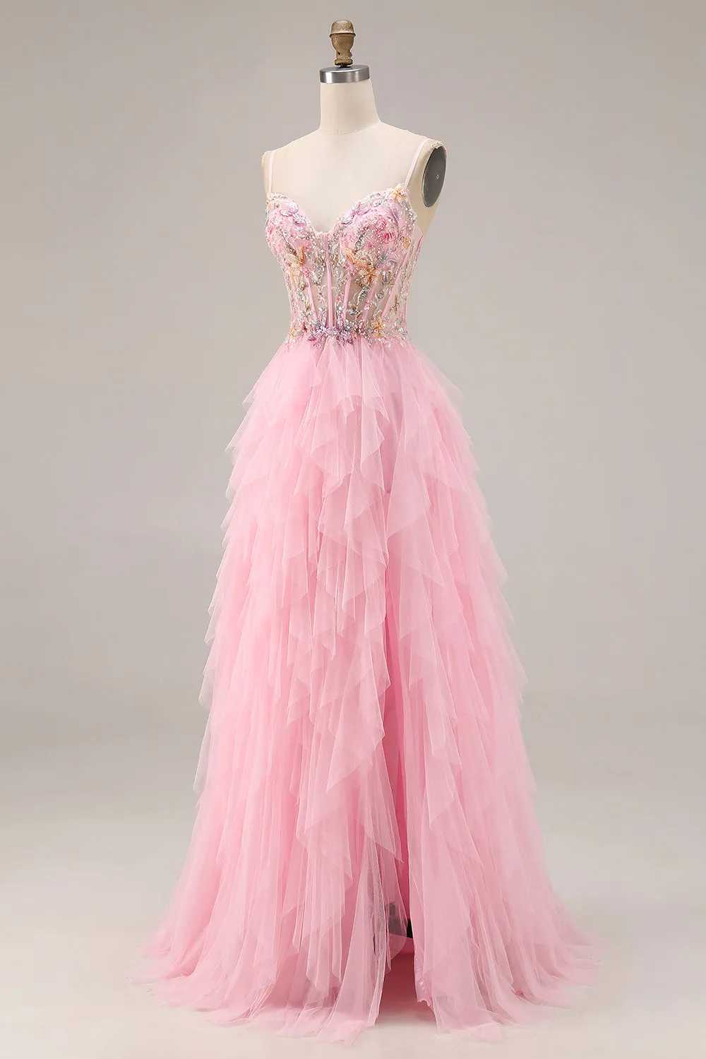 Pink A-Line Beaded Ruffled Corset Sequin Tulle Long Prom Dress with Slit sold by Zapaka product image thumbnail 3