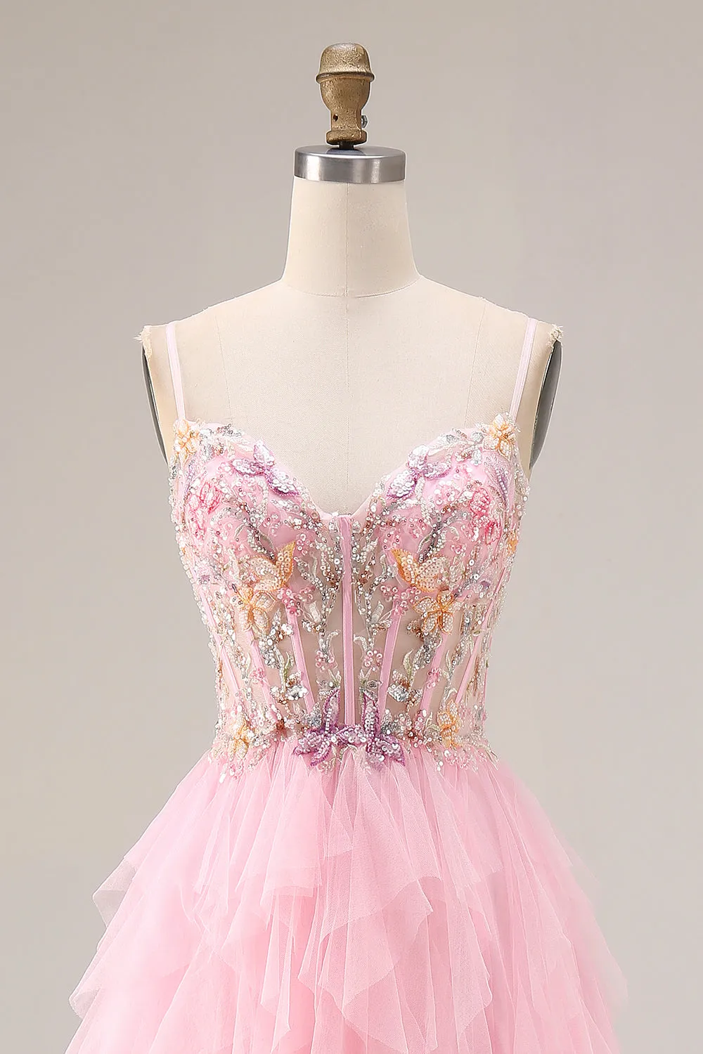 Pink A-Line Beaded Ruffled Corset Sequin Tulle Long Prom Dress with Slit sold by Zapaka product image thumbnail 4