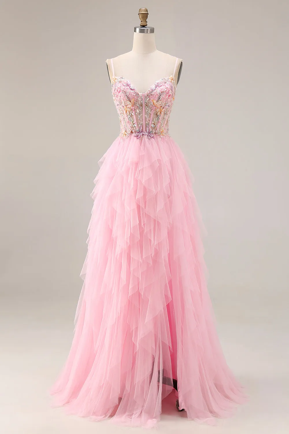 Pink A-Line Beaded Ruffled Corset Sequin Tulle Long Prom Dress with Slit sold by Zapaka