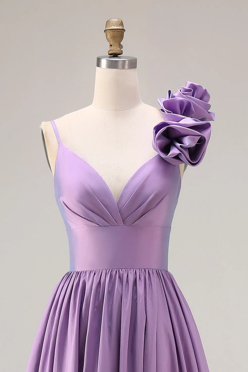 Purple A-Line Spaghetti Straps 3D Flower Ruched Long Prom Dress with Slit sold by Zapaka product image thumbnail 4